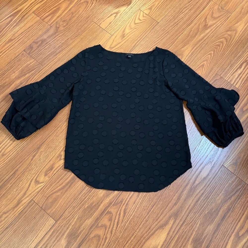 Ann Taylor Black Clip Dot Ruffle Sleeve Blouse Top Small 484573